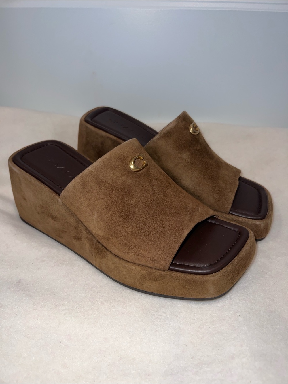Coach Women’s Marie Tan Suede Platform Wedge Slide Sandals Size 8.5 NWOB